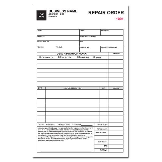 Automotive Repair order Template Free Auto Repair Invoice Work orders Custom Carbonless