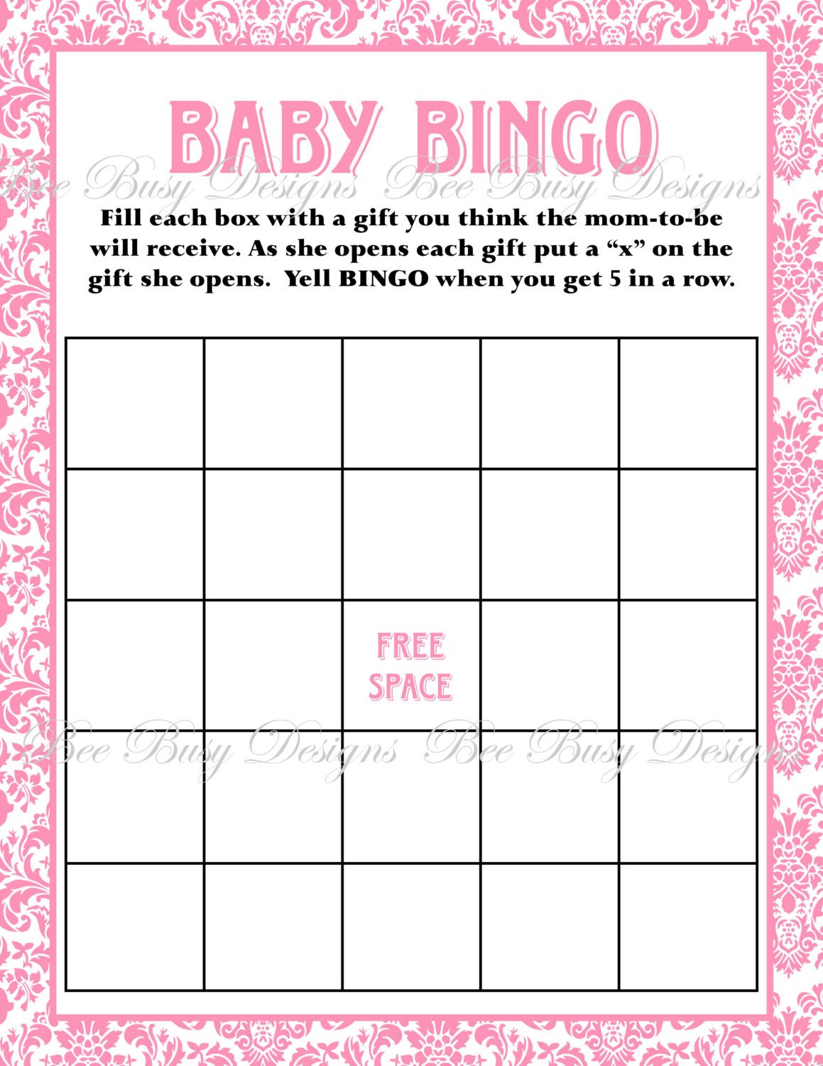 Baby Shower Bingo Template Printable Pink Damask Baby Shower Bingo Game