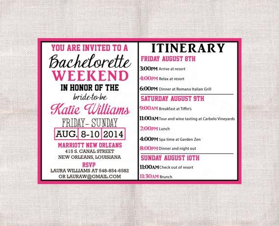 Bachelorette Party Itinerary Template Bachelorette Party Weekend Invitation and Itinerary Custom