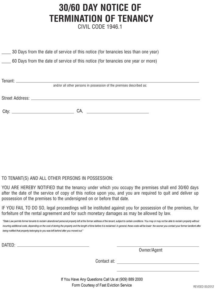 Baltimore City Eviction Notice form 30 60 Day Termination Of Tenancy Notice Free Eviction