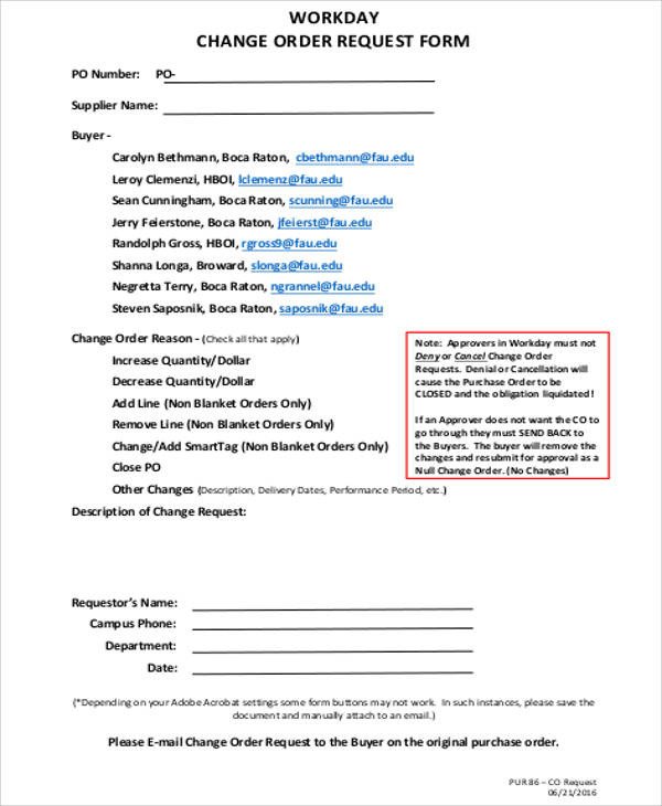Bank Change order form Template Sample Change order Request form 9 Examples In Word Pdf