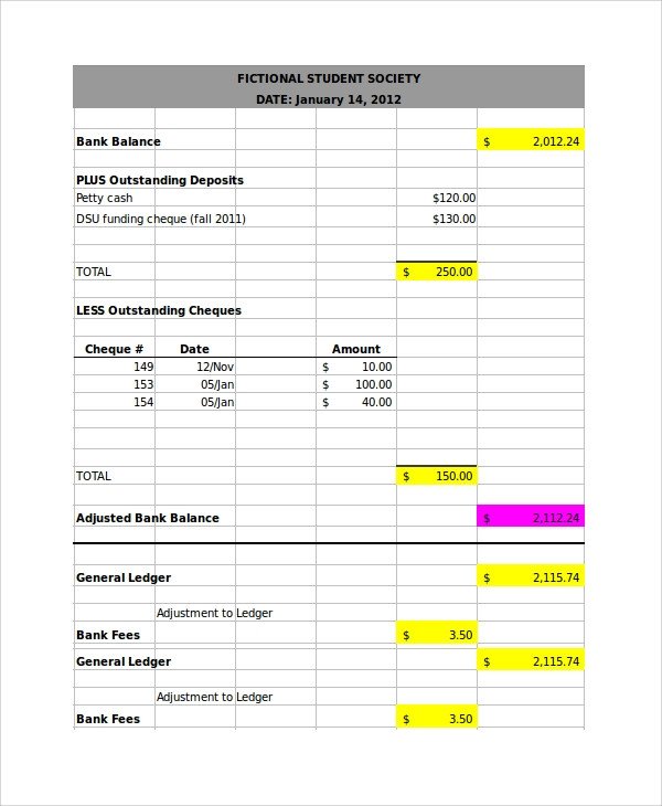 Bank Reconciliation Excel Template Bank Reconciliation Example 7 Samples In Word Pdf Excel