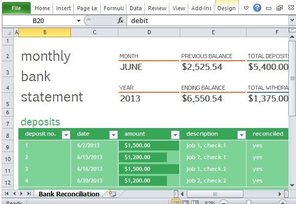 Bank Reconciliation Excel Template Monthly Bank Reconciliation Template for Excel