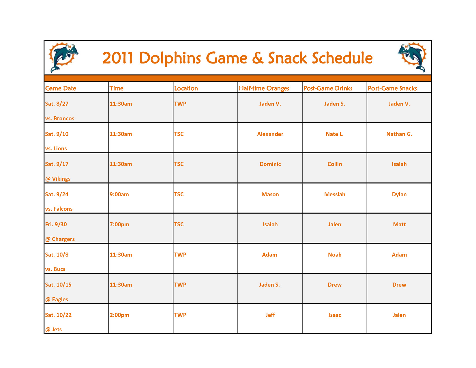 Baseball Snack Schedule Template Broncos Schedule
