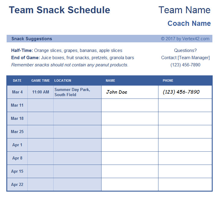 Baseball Snack Schedule Template Sign Up Sheets Potluck Sign Up Sheet