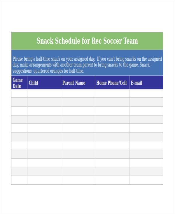 Baseball Snack Schedule Template Snack Schedule Template 7 Free Word Excel Pdf