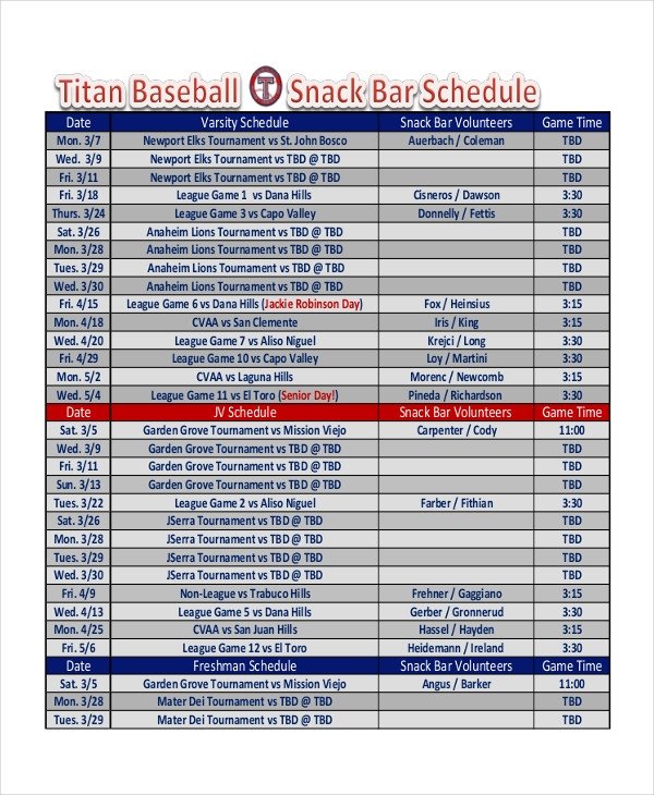 Baseball Snack Schedule Template Snack Schedule Template 7 Free Word Excel Pdf