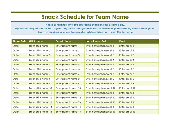 Baseball Snack Schedule Template Youth Sports Snack Sign Up Sheet