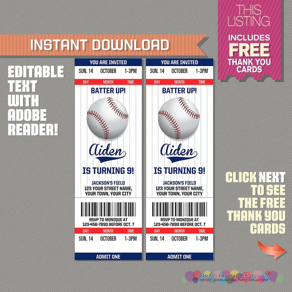 Baseball Ticket Invitation Template Free Baseball Ticket Invitation with Free Thank You Card