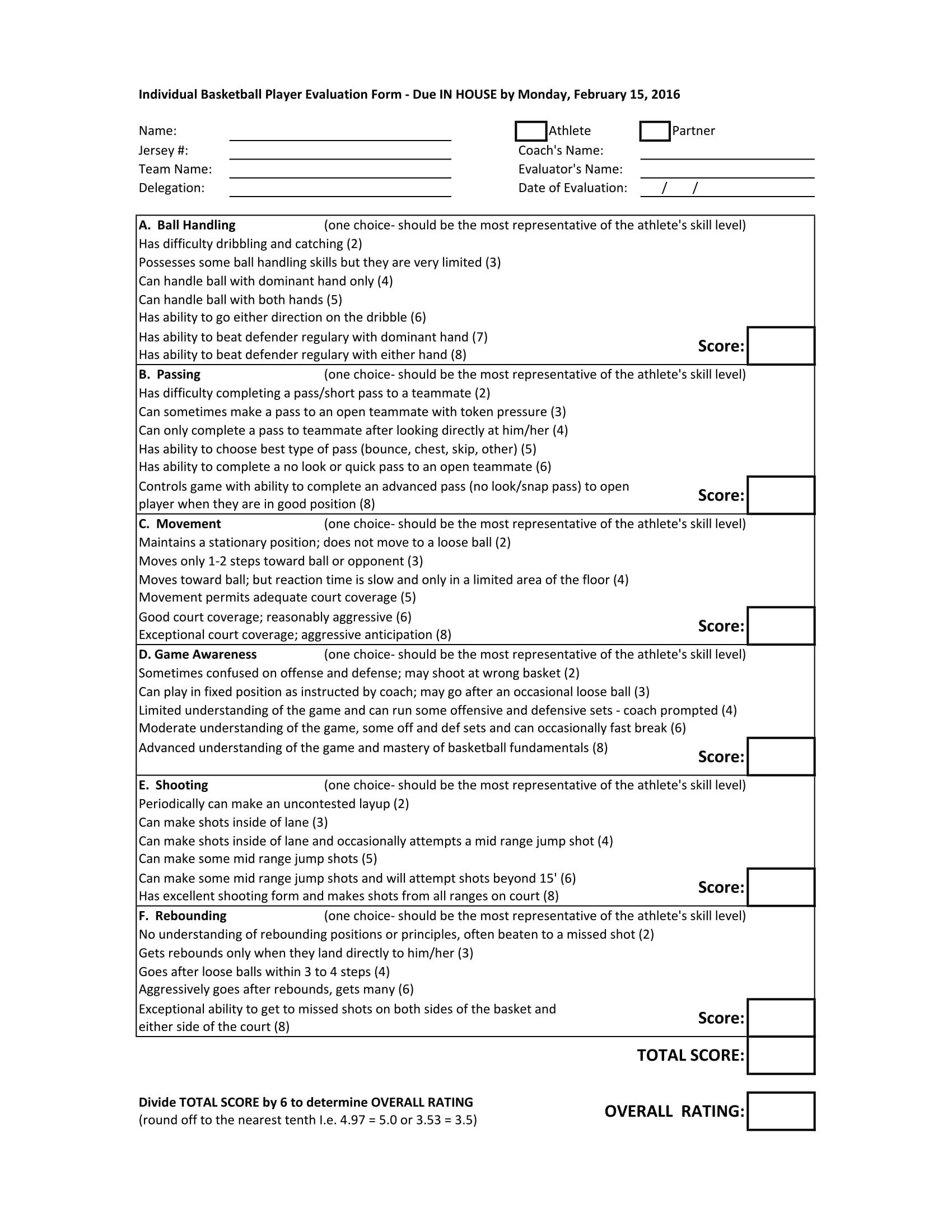 Basketball Player Evaluation form 5 Examples Of Evaluation forms for Sports