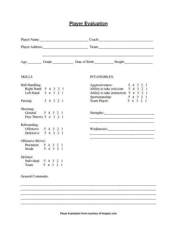 Basketball Player Evaluation form Basketball Tryout Evaluation form