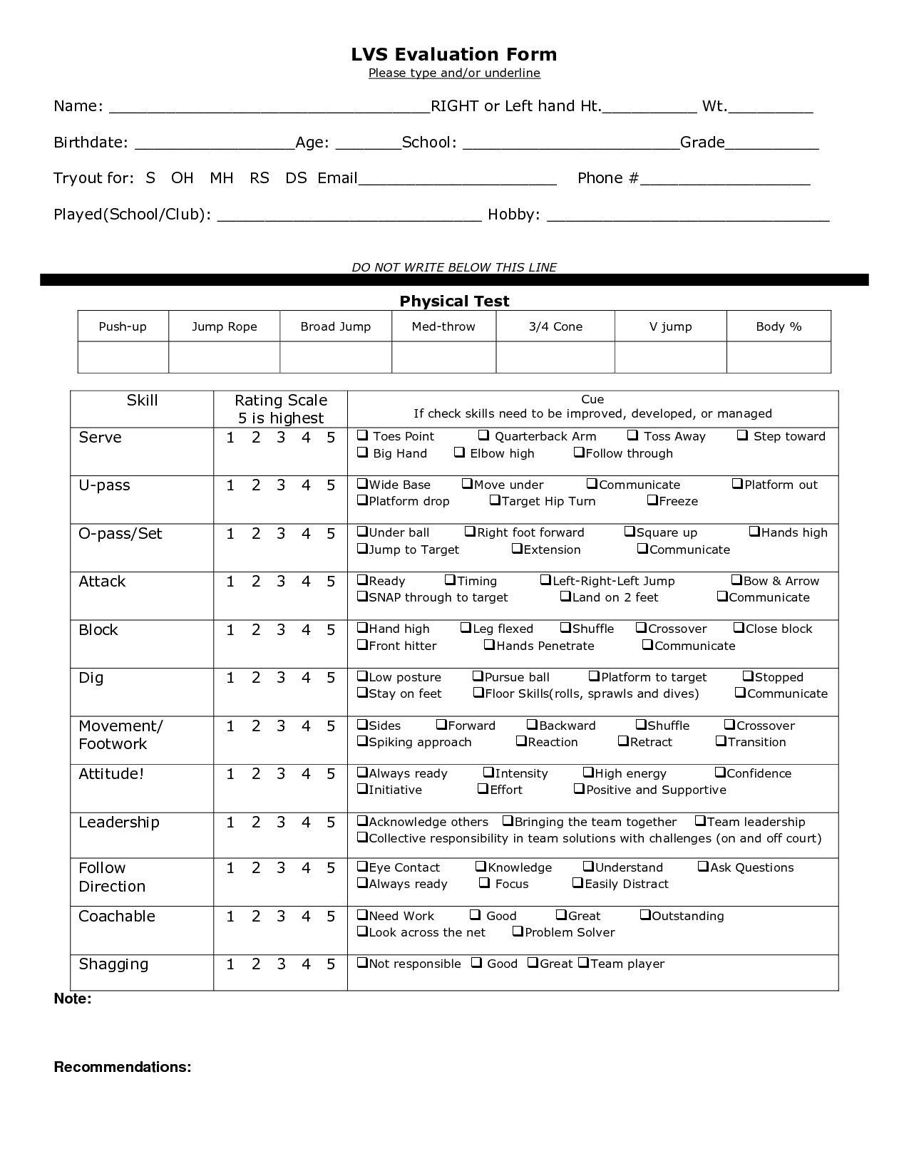 Basketball Player Evaluation form Volleyball Tryout Evaluation form Volleyball
