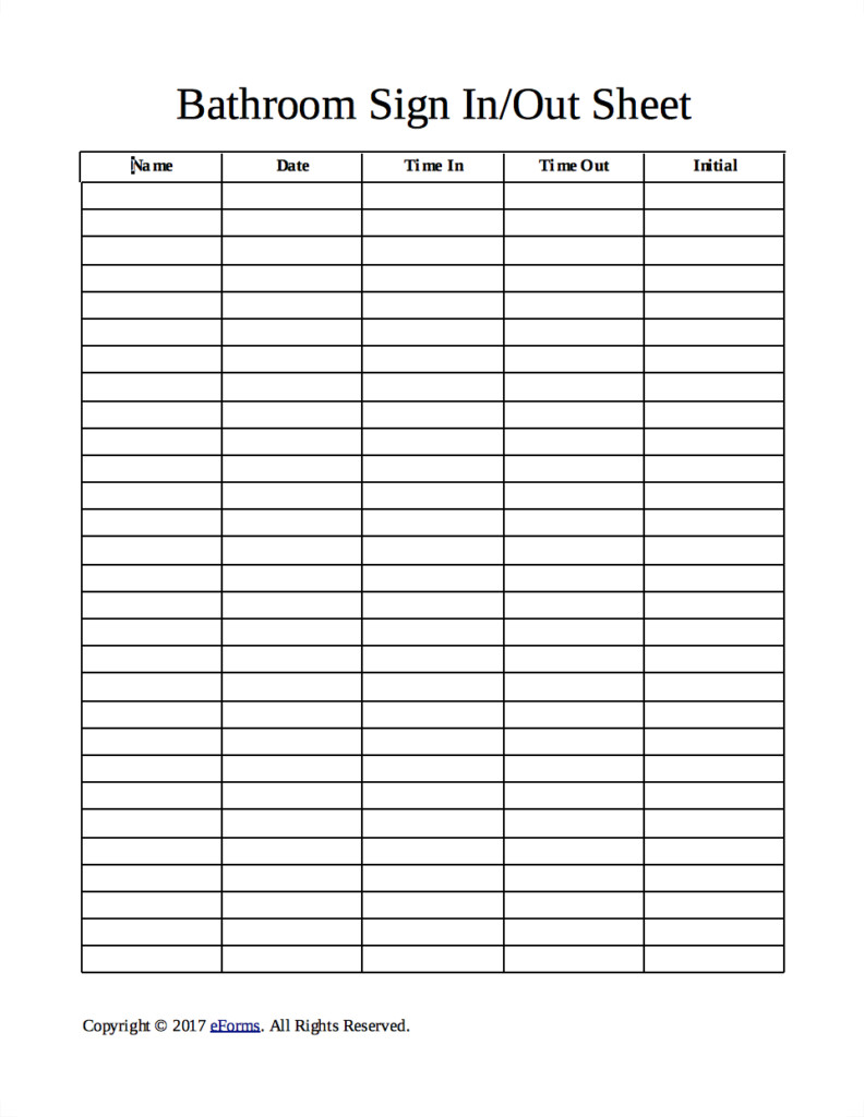 Bathroom Sign Out Sheet Bathroom Cleaning Sign In Out Sheet Template