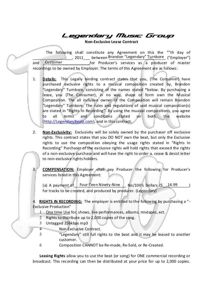 Beat Lease Contract Template Non Exclusive Leasing Contract