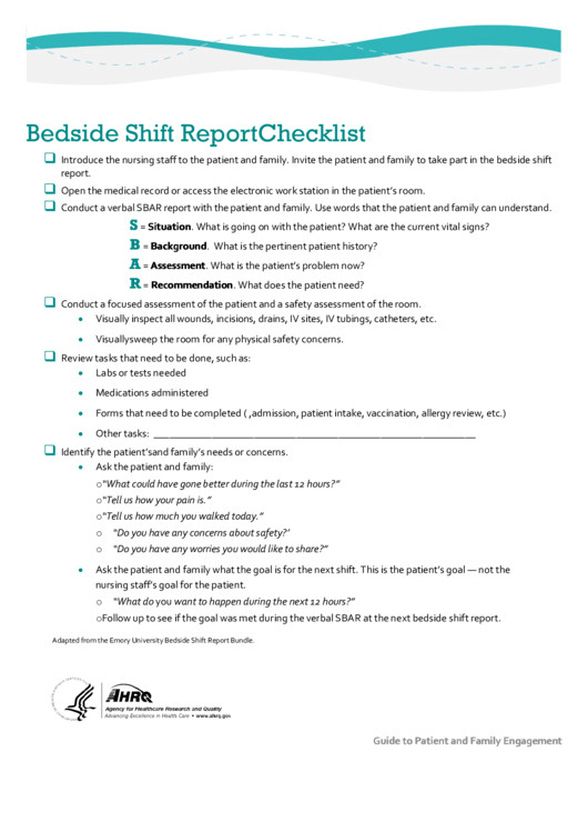 Bedside Shift Report Template Bedside Shift Report Checklist Printable Pdf