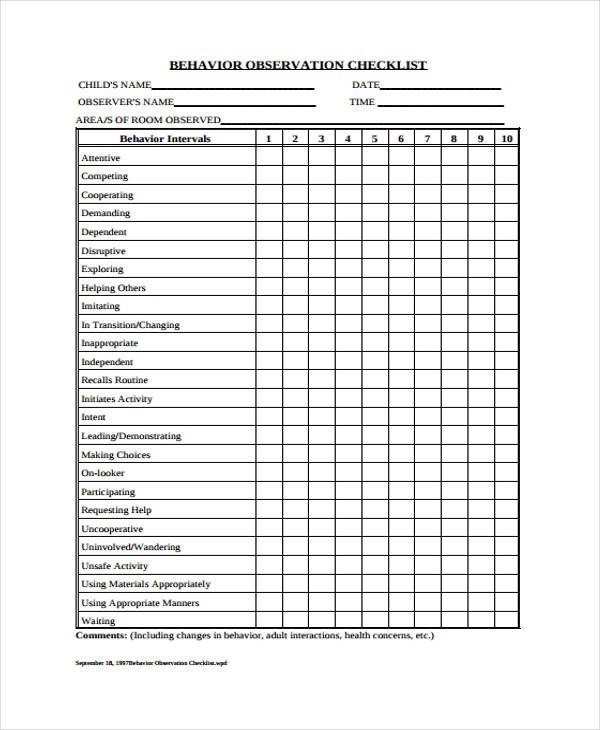Behavior Checklist for Students 10 Behavior Checklist Templates Free Pdf Word format