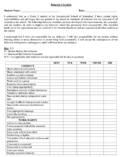 Behavior Checklist for Students 16 Best Middle School Behavior Charts and Checklists
