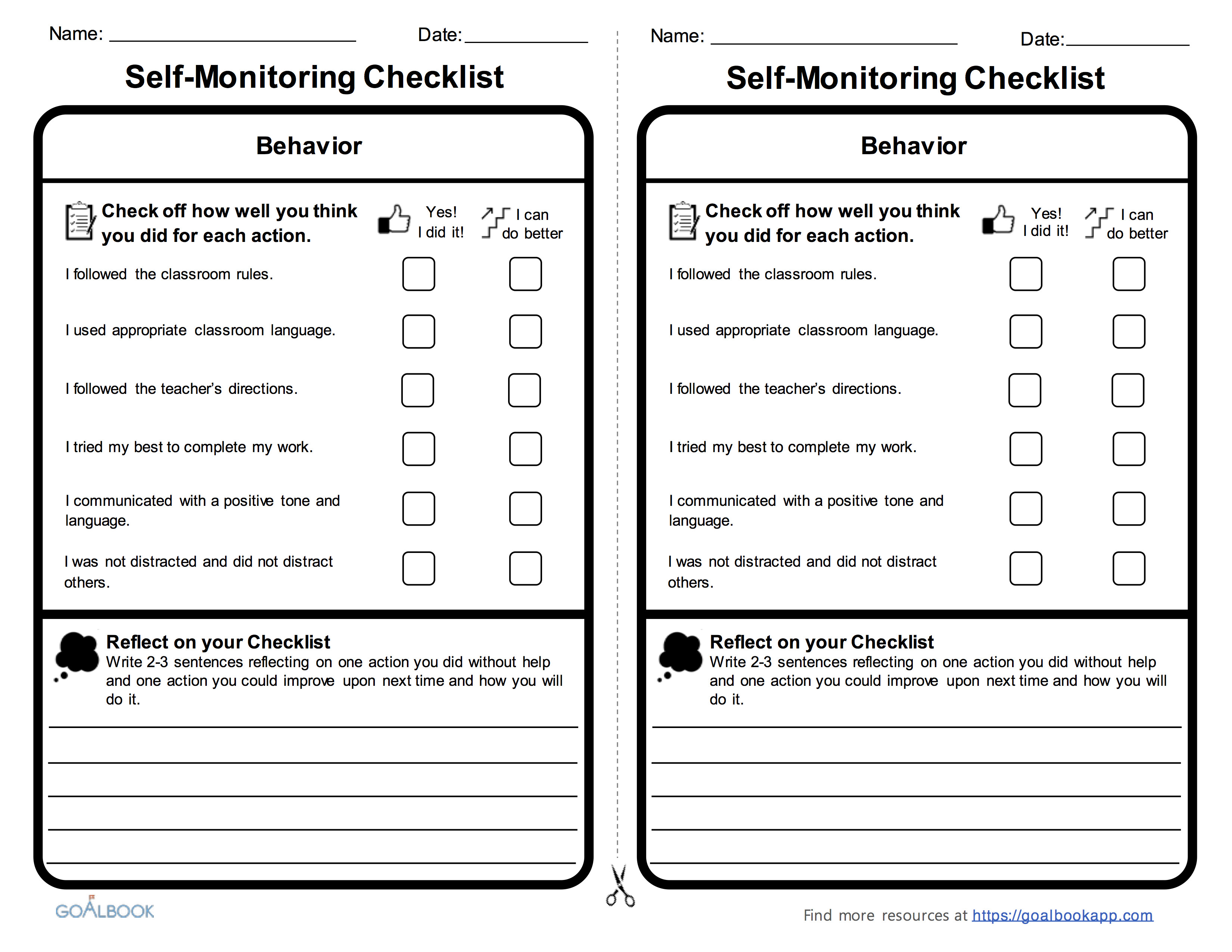 Behavior Checklist for Students Academic Self Monitoring Checklist