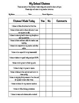 Behavior Checklist for Students Behavior Checklist Student Choices by Katie Horvath