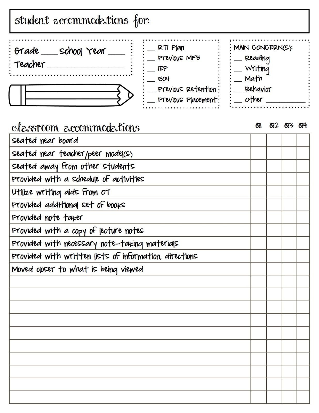 Behavior Checklist for Students Free Checklist Track Student Ac Modations with This