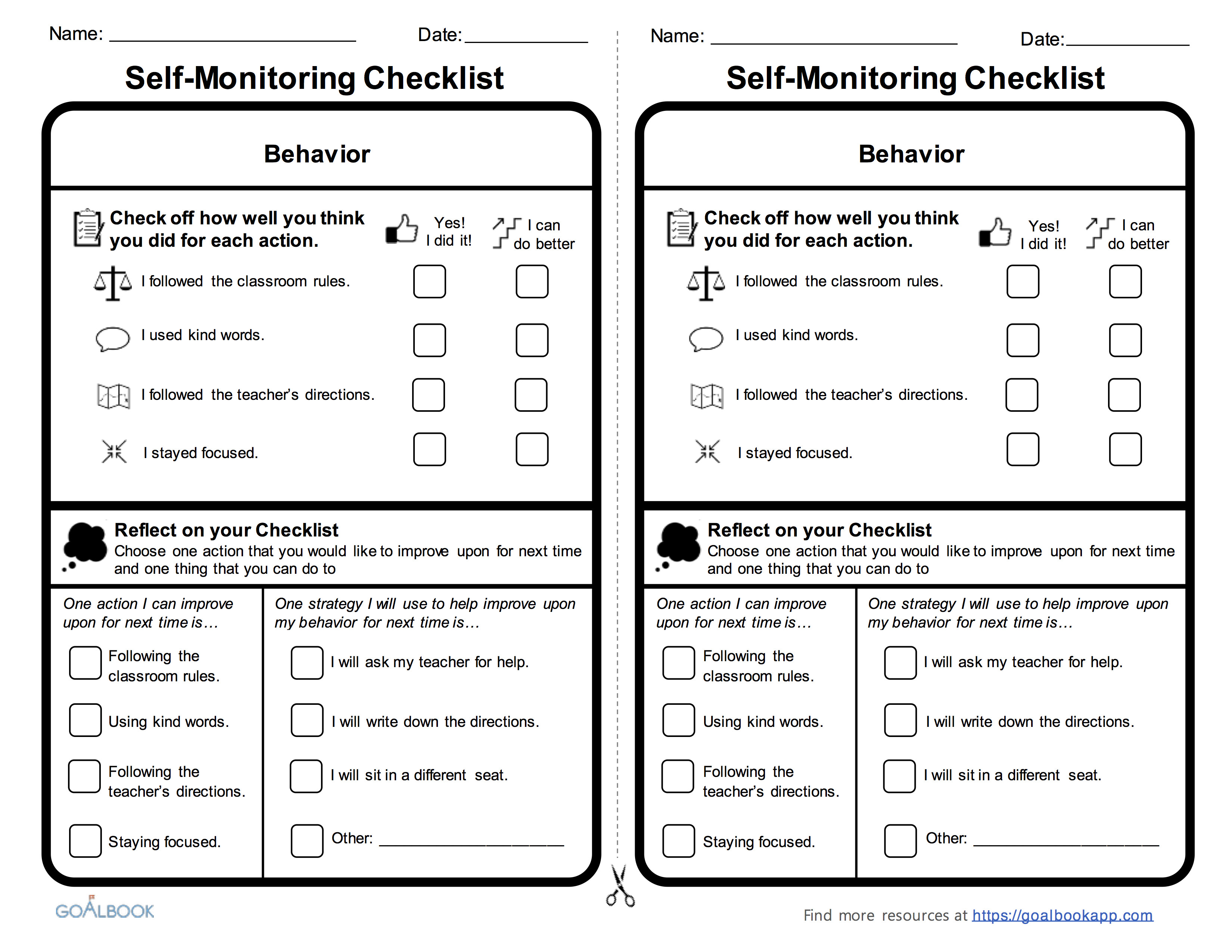 Behavior Checklist for Students Self Monitoring