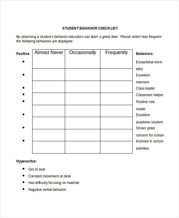 Behavior Checklist for Students Student Checklist Template 8 Free Word Excel Pdf