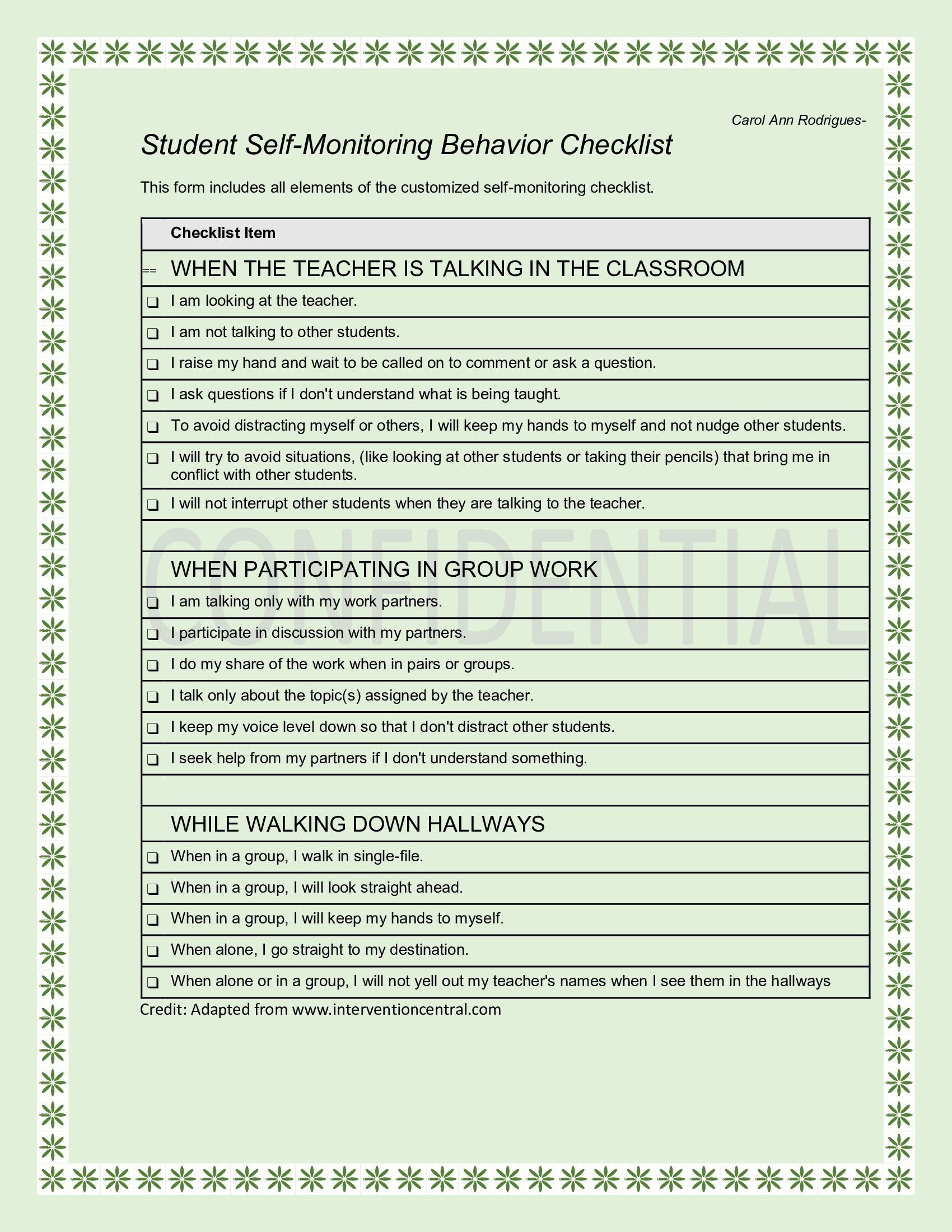 Behavior Checklist for Students This is the Self Monitoring Behavior Checklist I Made for