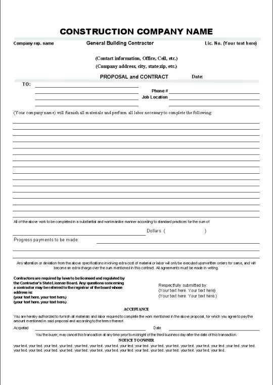 Bid Proposal Template Pdf Printable Sample Construction Contract Template form