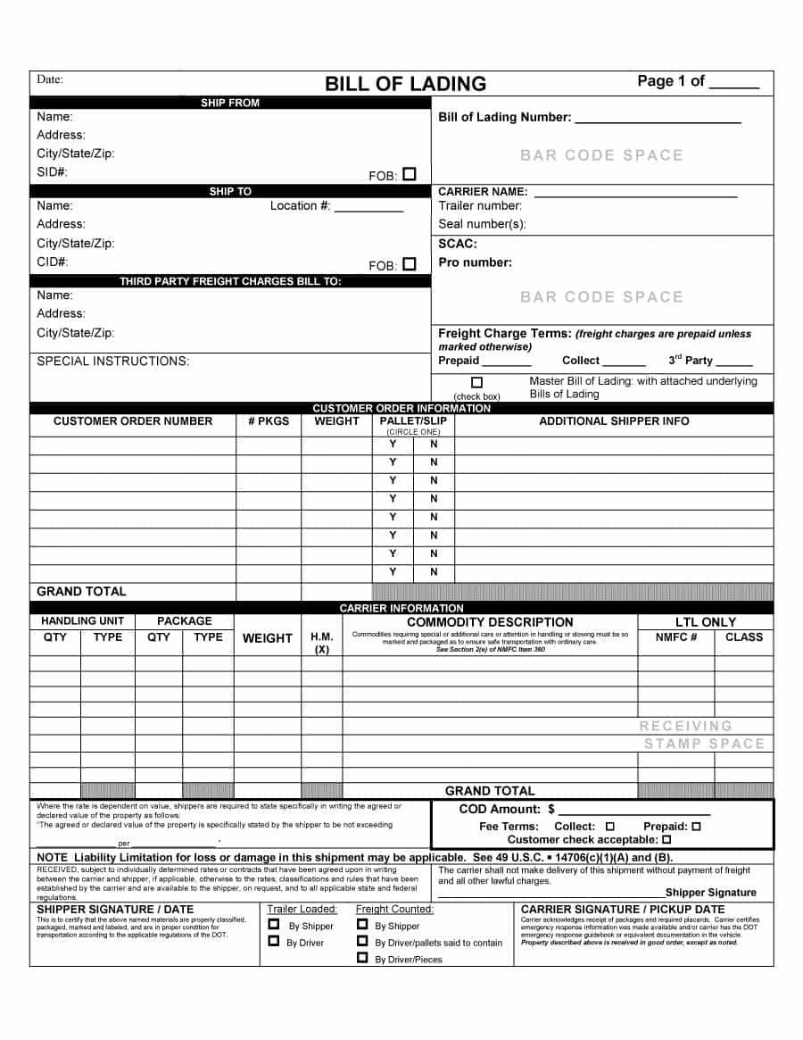 Bill Of Lading Template Excel 40 Free Bill Of Lading forms &amp; Templates Template Lab