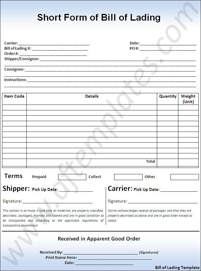 Bill Of Lading Template Excel Bill Of Lading Template