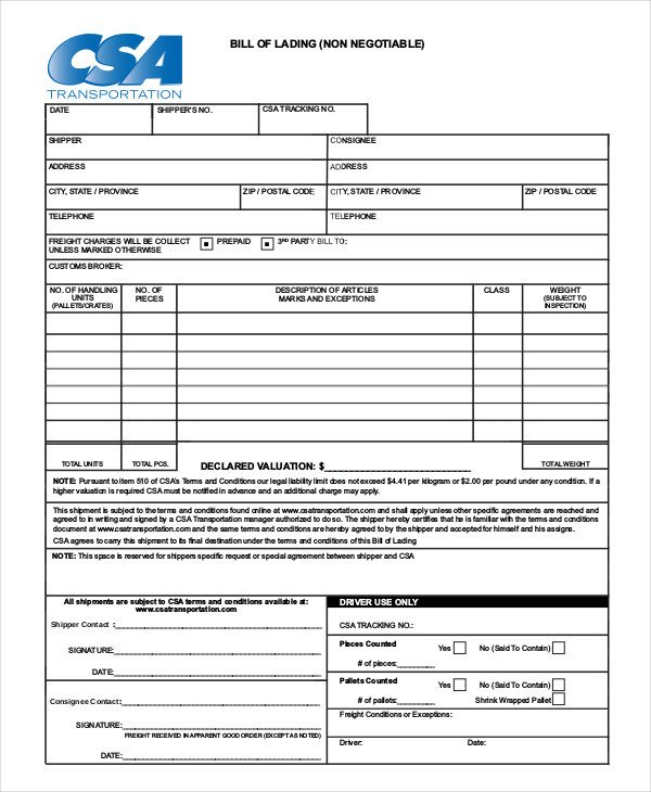 Bill Of Lading Template Excel Simple Bill Of Lading Template 11 Free Word Pdf