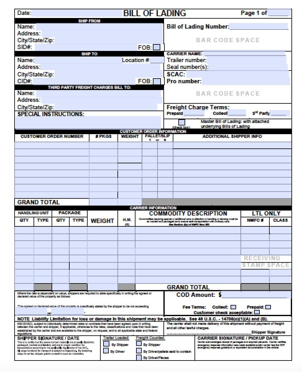 Bill Of Lading Templates 5 Free Bill Of Lading Templates Excel Pdf formats