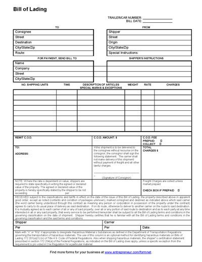 Bill Of Lading Templates Bill Of Lading Template form Pdf Download