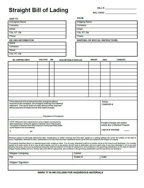 Bill Of Lading Templates Bill Of Lading Template form Pdf Download