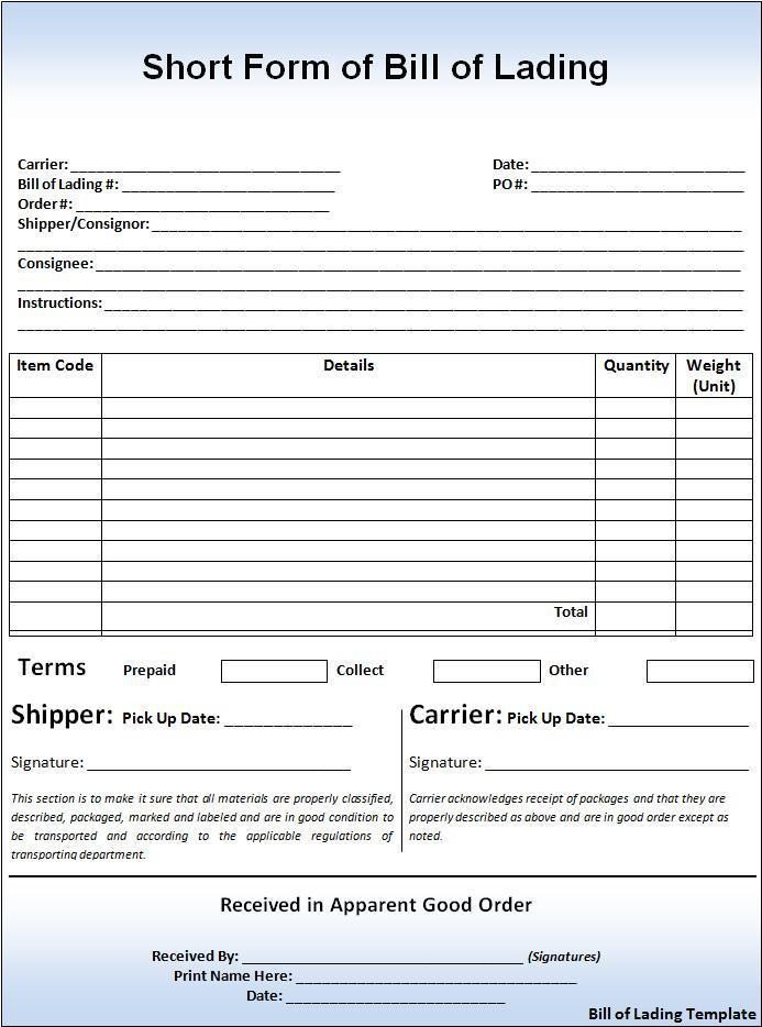 Bill Of Lading Templates Bill Of Lading Template