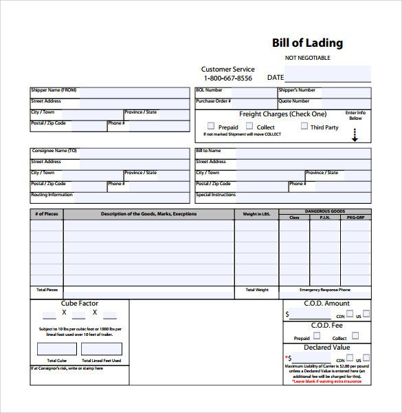 Bill Of Lading Templates Sample Bill Of Lading 5 Documents In Pdf