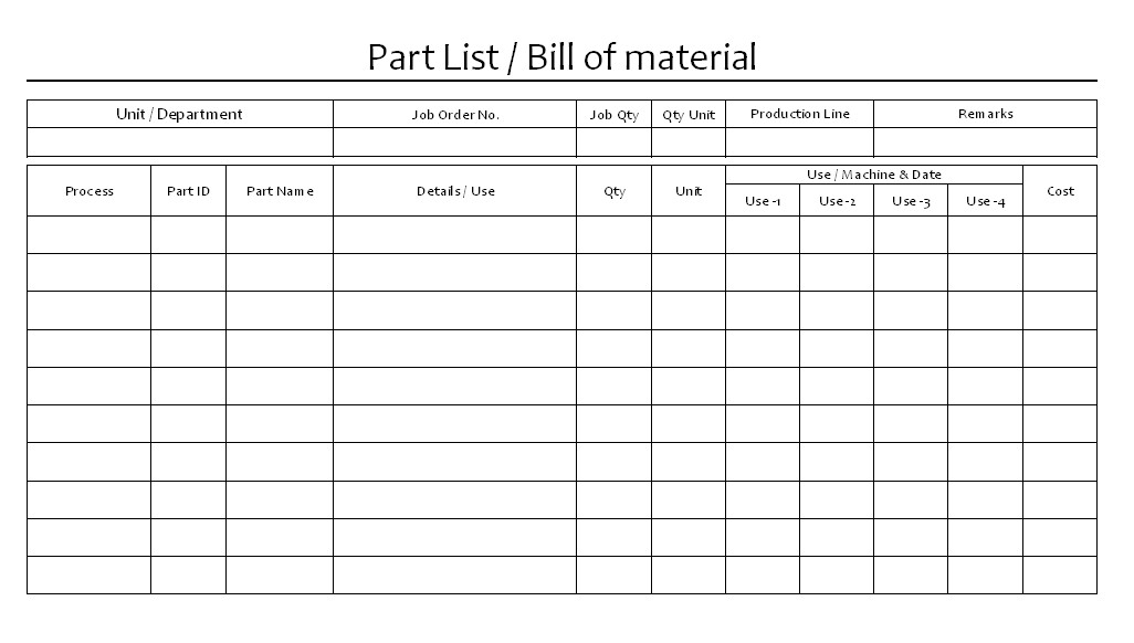Bill Of Materials Excel Template Bill Of Material Part List format