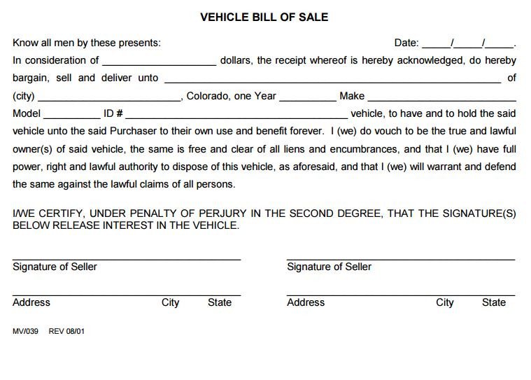 Bill Of Sale Colorado Template Free Colorado Vehicle Bill Of Sale form 2