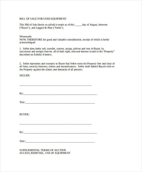 Bill Of Sale Equipment Bill Of Sale form In Word