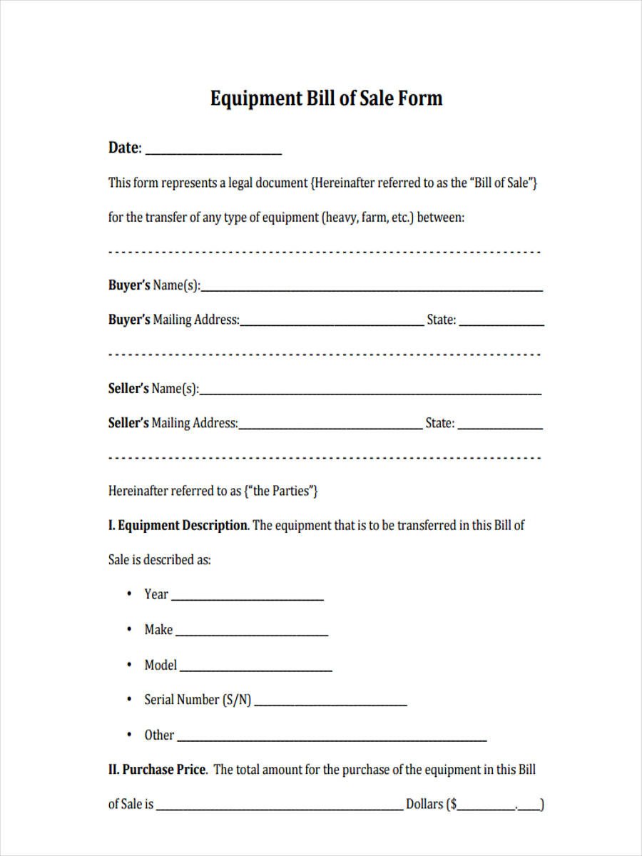 Bill Of Sale Equipment Equipment Bill Of Sale form 6 Free Documents In Word Pdf