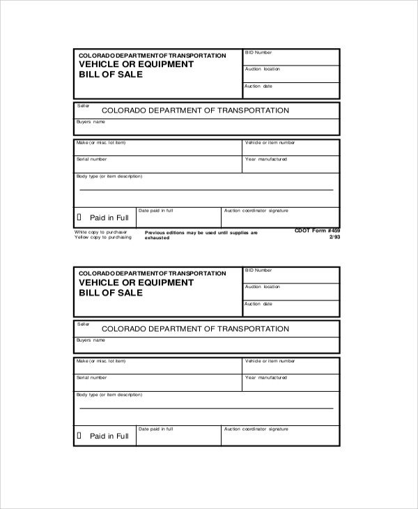 Bill Of Sale Equipment Sample Generic Bill Of Sale 7 Documents In Pdf Word