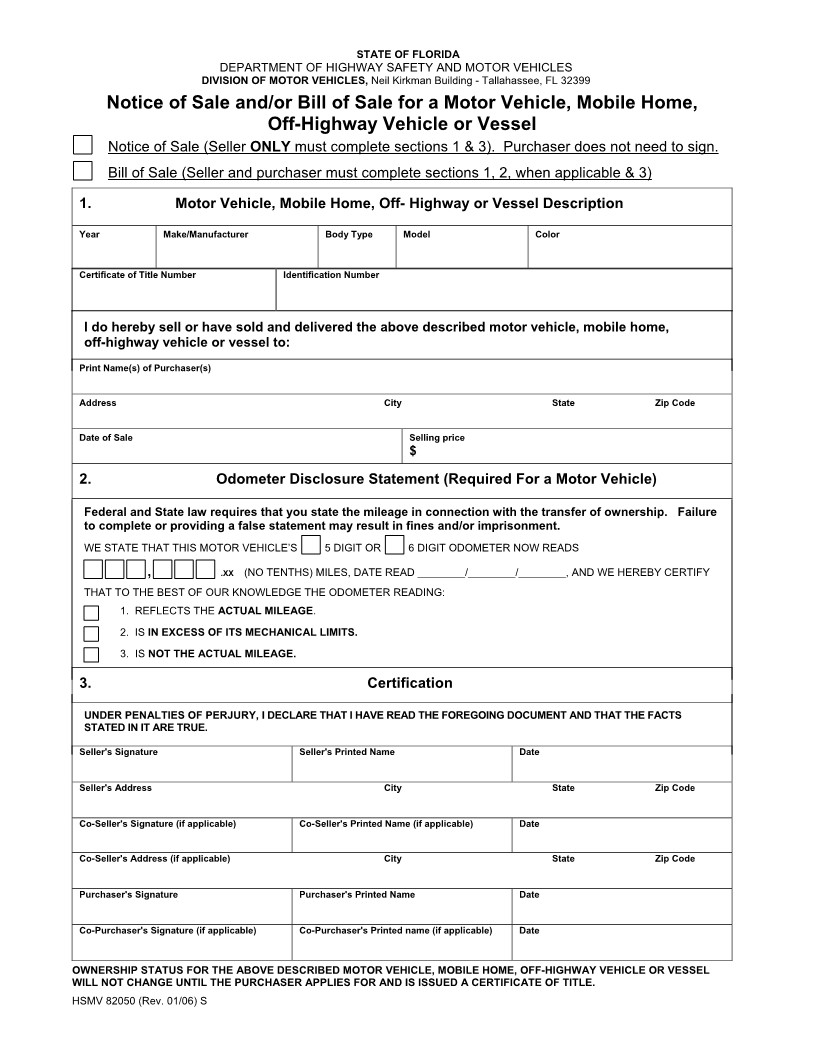 Bill Of Sale Florida Template Free Florida Vehicle Mobile Home Vessel Bill Of Sale