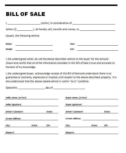 Bill Of Sale form Template Free Printable Bill Of Sale Templates form Generic
