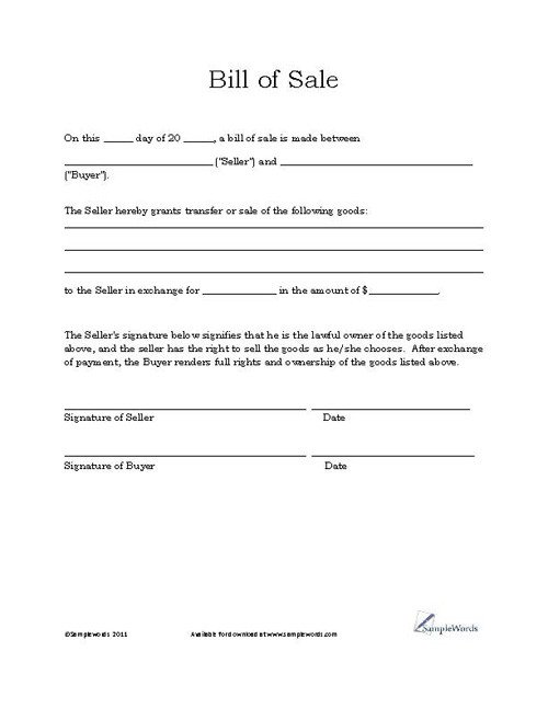 Bill Of Sale form Template Free Printable Bill Of Sale Templates form Generic