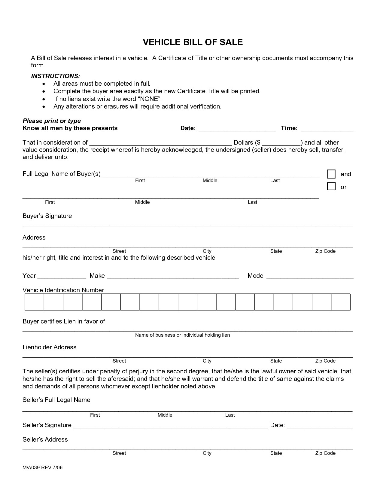 Bill Of Sale form Template Free Printable Free Car Bill Of Sale Template form Generic
