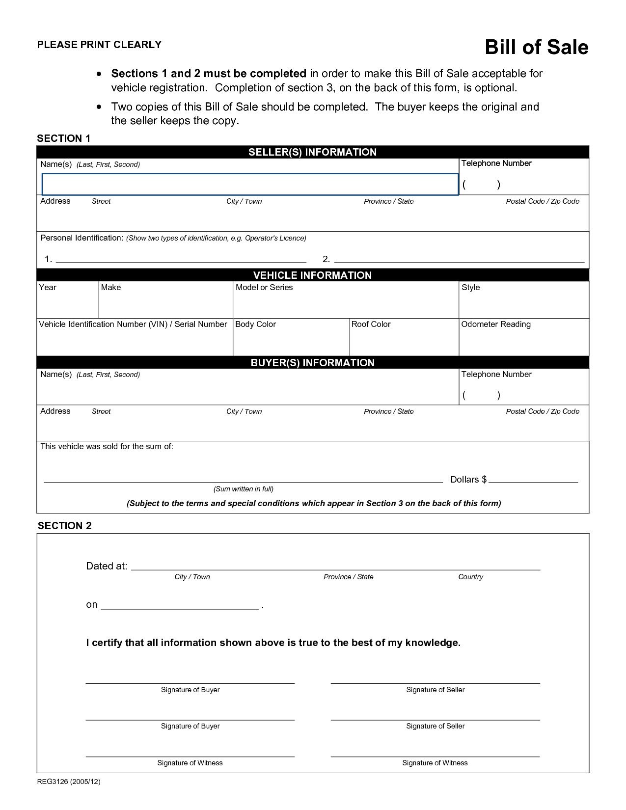 Bill Of Sale form Template Free Printable Rv Bill Of Sale form form Generic