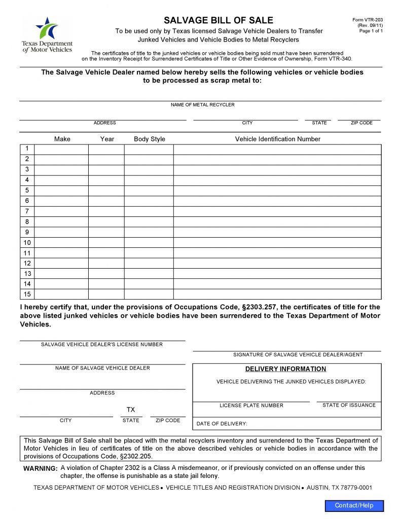 Bill Of Sale Template Texas Free Texas Salvage Vehicle Bill Of Sale form Pdf