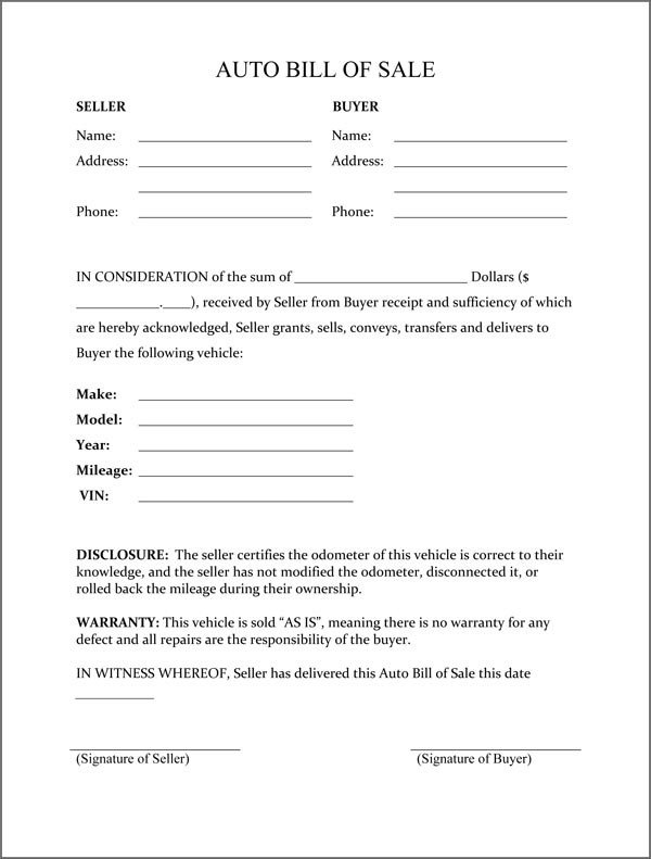 Bill Of Sale Vehicle Template Bill Of Sale form Template