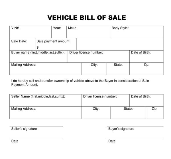 Bill Of Sale Vehicle Template Bill Of Sale form Template