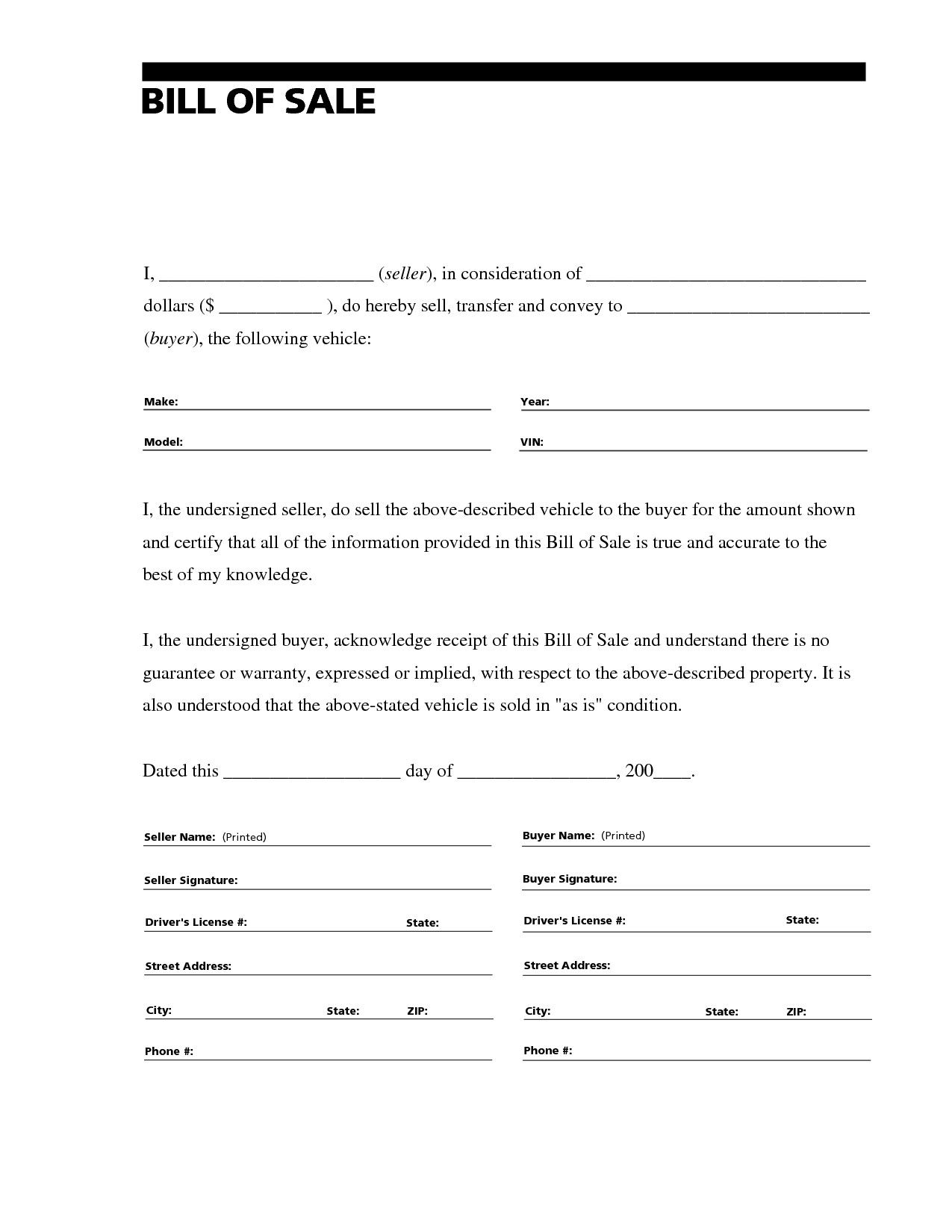 Bill Of Sale Vehicle Template Free Printable Vehicle Bill Of Sale Template form Generic